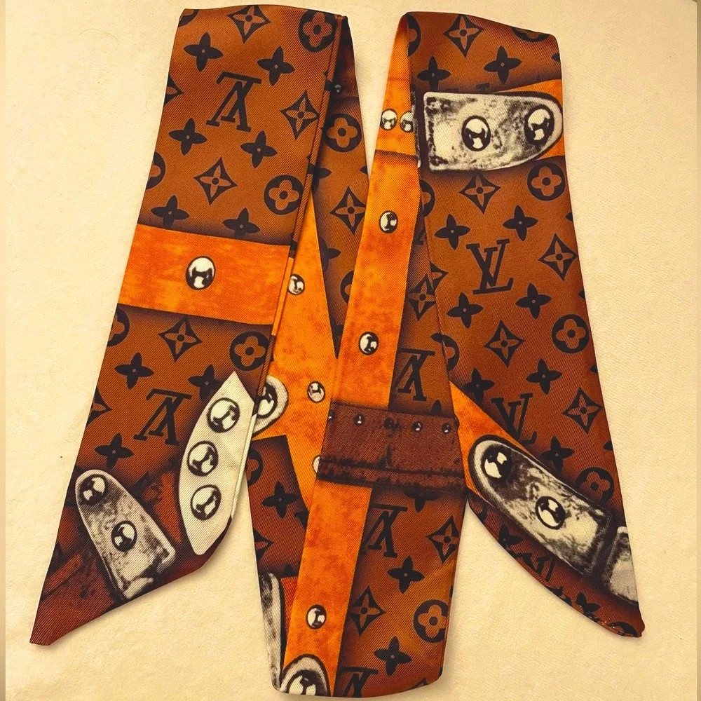 Orange Black Brown Monogram and Chains Print Twilly Bandeau Wrap Scarf - Picture 3 of 5